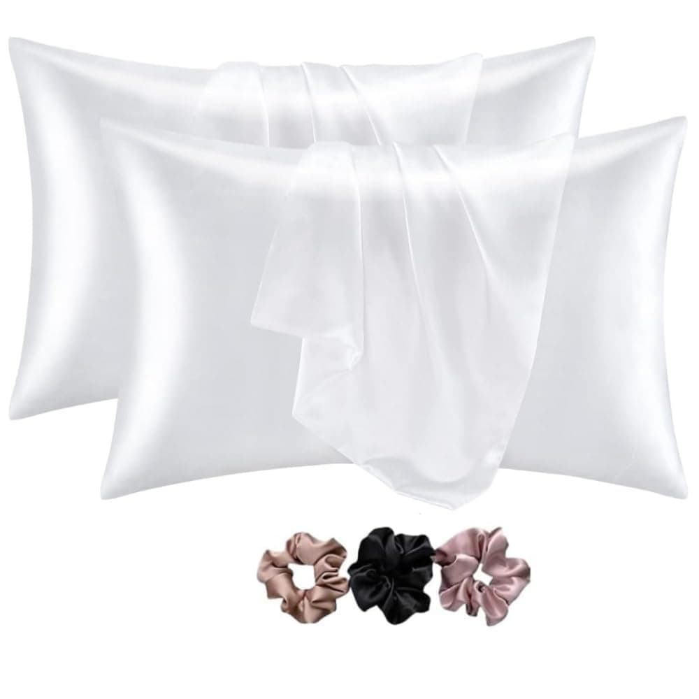 Go well Satin Silk Pillow Covers Pack of 2 for Hair and Skin-with Satin Scrunchies for Women Stylish|Satin Pillow Cover for Hair and Skin|scrunchies for Women 3-Piece|Silk Pillow case(White) 600TC