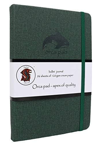 Orca Pad Hardcover Bullet Journal with 3 Stencils | A5 size Dot Grid 120 GSM Paper, Storage Pocket, 2 Bookmarks, Pen Loop, Page Numbers | Portable, Travel Elastic Closure | Work, Home, Art Notebook