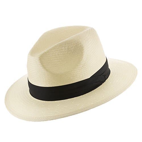 ULTRAFINO Monte Cristo Classic Fedora Straw Panama Hat Sun Wide Brim Lightweight Beach UPF50+ Men or Women Ivory with Black Hatband 7 3/8 Apparel