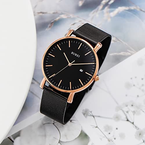 BUREI Men's Fashion Minimalist Wrist Watch Analog Date with Stainless Steel Mesh Band