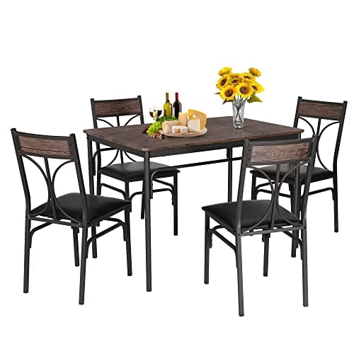 VECELO5 Piece Kitchen Table Set for Dining Room,Dinette,Breakfast Nook,Industrial Style, Seating for Four, Brown