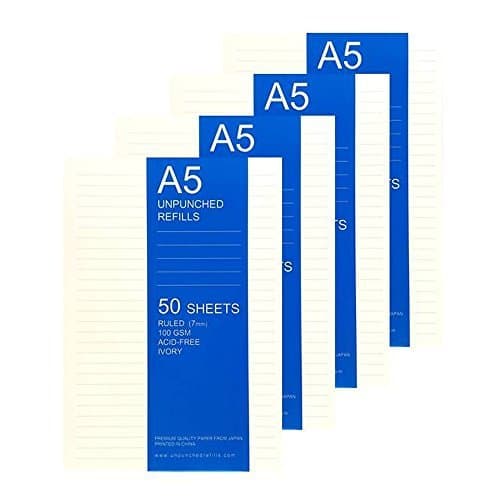A5 Ruled Loose Leaf Filler Paper For Ring Binder Notebook Planner Inserts - Unpunched Refills, 50 Sheets x 4 Packs, 200 Sheets, 400 Pages, 100gsm, IVORY