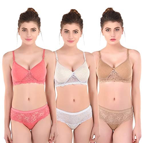 Women's Light Padded Honeymoon Bra and Panty Set for Girls Women's Combo Multicolored (Pack of 3)