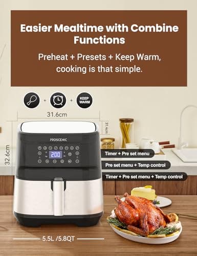 Proscenic T21 Air Fryer, 5.5L Air Fryers for Home Use, 8 Presets, LED Onetouch Screen, 100+ Recipes Online, Low Fat Cooking, Non-Stick Basket, 1700 W,Black,XX-Large