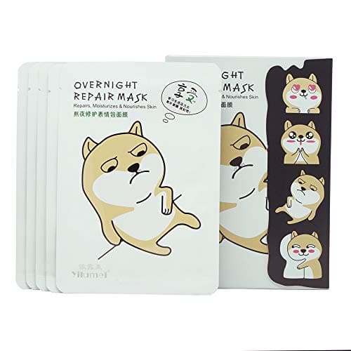 Natural Hydrating Repair Full Face Facial Mask Sheet Skin Care - Cute Shiba Inu Facial Masks - 28ml. each (Overnight Repair - 5 Pack)