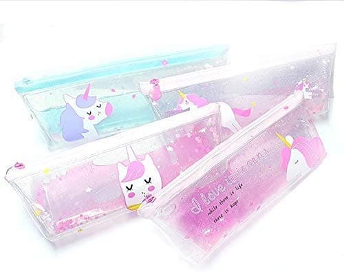Trusmile Plastic Unicorn Water Glitter Gel Pencil Stationery Case Pouch Transparent (1 Pc, Multicolor)