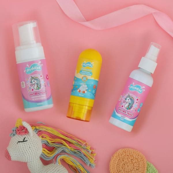 Puddles Organic Kids Nourishing Foaming Face,Magic Mist &Sunscreen(250 ml) Unicorn Magic- Age 2-12 Years Cosmos Organic Certified Turmeric, Neroli Oil Tear Free, pH Balanced,NoSulfateParaben