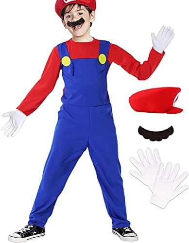 Super Brother Costume for Kids-Mario Costume Halloween Kids Cosplay Jumpsuit with Accessory (XL, RED)