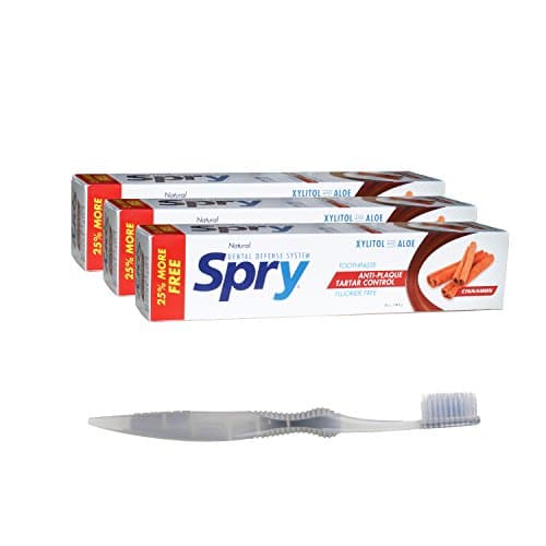 Spry Xylitol Toothpaste Cinnamon (3-Pack) Non-Fluoride Bundle with SoFresh Flossing Toothbrush (1)