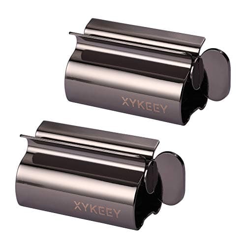 Toothpaste Tube Squeezer - Set of 2 Toothpaste Squeezer Rollers, Metal Toothpaste Tube Wringer Seat Holder Stand XYKEEY (Black)