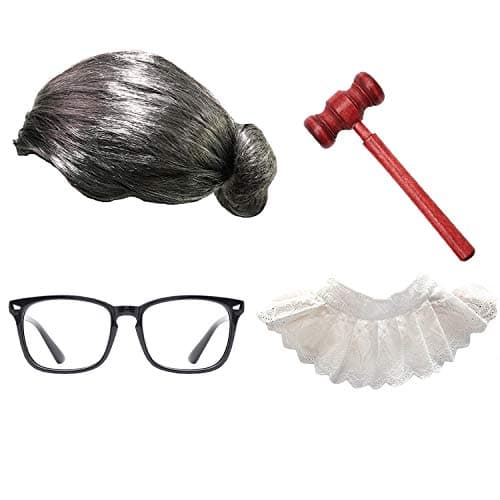 RBG Wig Set - Old Lady Granny Wig,False Lace Collar Choker Blouse,Judge Gavel w/Large Nerdy Glasses