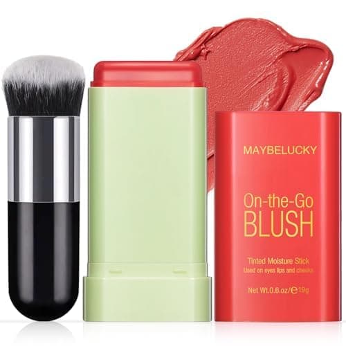 Cream Blush Stick for Cheeks, Multi-Use Makeup for Eye, Lip, Face - Travel-Friendly Tinted Solid Moisturizer, Matte Natural Glow Blendable Smooth Blusher With Brush - Orange Coral