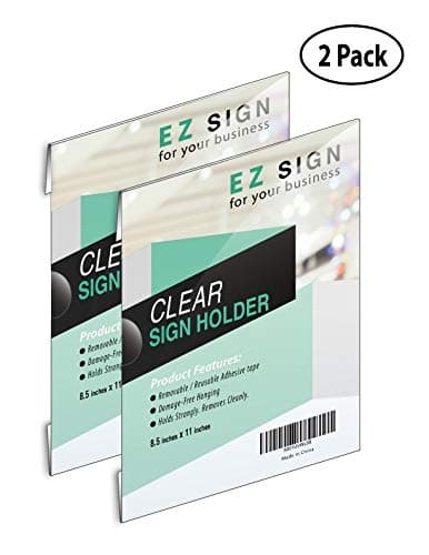 EZ Universal Wall Mount Sign Holder, Reusable & Washable Tape; Plastic & Clear; 8.5 x 11 inch; Horizontal & Vertical Paper, Document, Menu,Office Poster Holders, Ad & Flyer Display; Picture Frame
