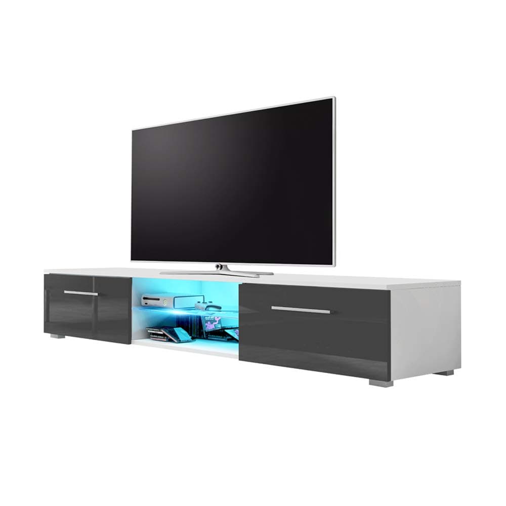 SELSEY Syvis - TV Stand/Modern TV Cabinet (140cm, Matte White/Gloss Grey Front Panels with LED Lighting)