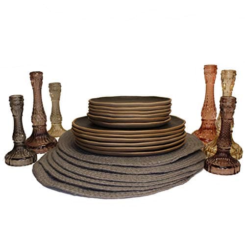 Christina Home Designs Dinner Plate Set of 6 Dinner Plates, Appetizer Plates, 6 Round Gray Jute Placemats and Candlesticks, Set of 6 Candle Sticks, MultiColored
