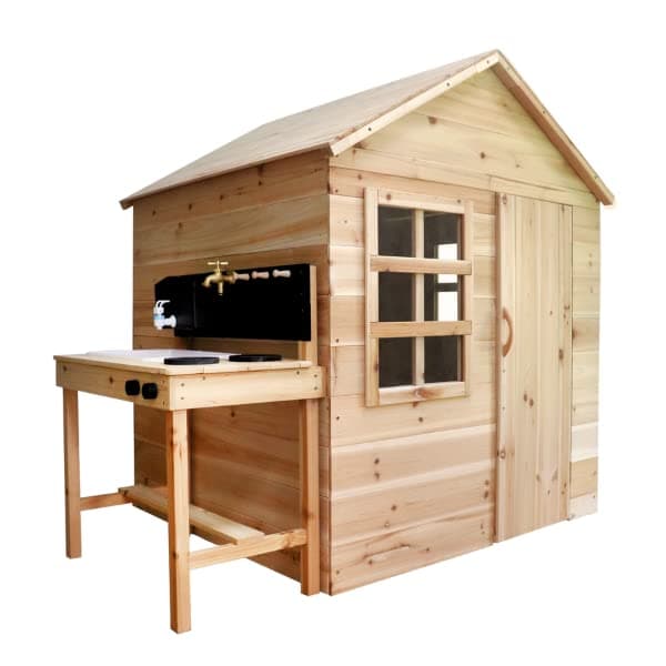Big Game Hunters Evermeadow House Wooden Playhouse with Floor + Mud Kitchen with Working Tap - Fun Outdoor Play House Bundle for Kids