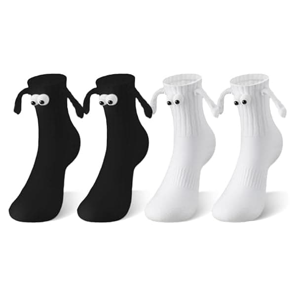 PALAY® 2 Pairs Funny Winter Socks for Women,Holding Hands Cute Socks Cotton for Couple Friendship,Novelty Magnetic Suction Floor Girls Boys Christmas Gift (Black & White)