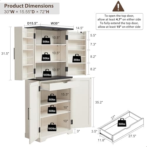 ACCOHOHO 高さ72インチ キッチンパントリー ファームハウスストレージキャビネット 納屋の扉付き オーガナイザー 引き出しと調節可能な棚 素朴な木製食器棚 キッチン ダイニングルーム バスルーム オフホワイト