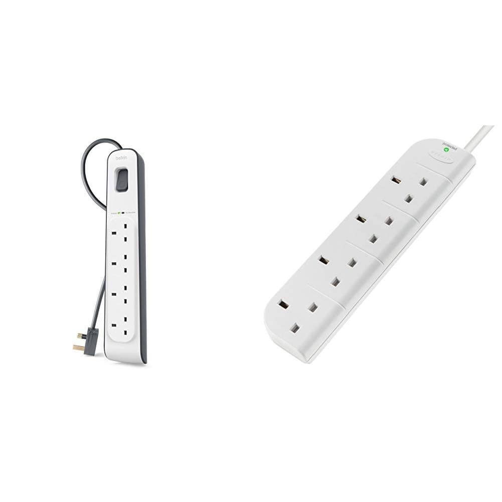 Belkin BSV400af2M 4 Way/ 4 Plug 2m Surge Protection Extension Lead Strip - White & E-Series 4 Plug SurgeStrip Surge Protected Extension Lead - 1 m, White