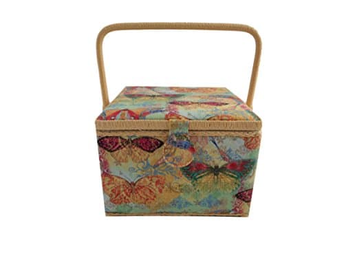 Dritz St Jane Square Sewing Basket (Large 10x10x7, Tan with Butterflies)