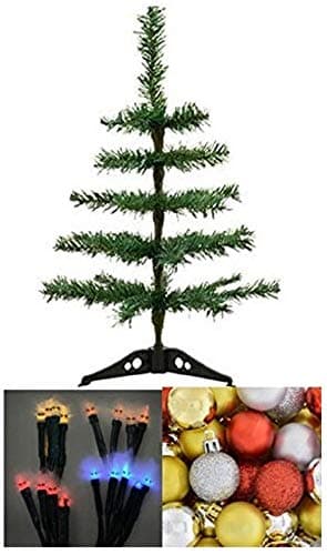 Desktop Work Office Table-Top Artificial Christmas Trees, 18 in. House 10-Bulb LED Battery-Powered Light Sets COLOR MAY VARY, BONUS 16 Count Pack of Ornaments Bulbs