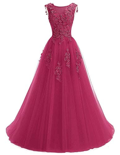Ever Girl Women's Sweep Lace Appliques Scoop Collar Tulle A-Line Prom Dresses Rose Red US10