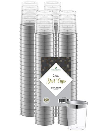 Elite Selection Silver Rimmed Shot Glasses | 2 Oz. Clear Plastic Disposable Cups with Silver Rim | Perfect Party Shot Cups for Shots, Tasting, Sauce, Dips | Pack of 100