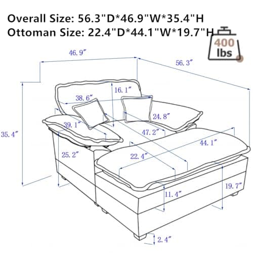 LITVZ 56.3" Oversized Chaise Lounge Chair with Ottoman Foot Rest, Armrest and 2 Pillows, Big Comfy Corduroy Chaise Lounge Deep Seat Sleeper Chair for Living Room (Black)