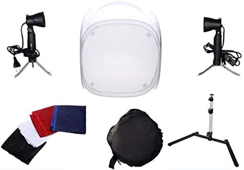 eWINNER 60x60 cm Photography Tent Shooting Box w/4 Colors Backdrops (Red Blue Black White) Photo Softbox Studio Kit & 2 PCS Photo Light & camera stand for Table Top Indoor Outdoor Photography