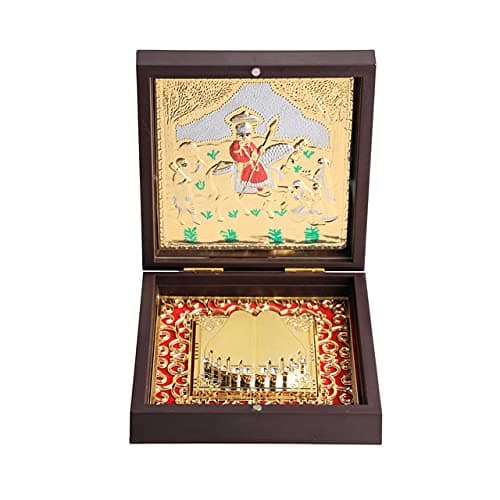 JSK ARTS 24K Gold Plated Ramdev Pir Maharaj Charan Paduka | God Photo Frame for Home & Temple | Devotional Prayer Box | Wooden Momento With Decorative Showpiece Box Packing | Diwali Gift Puja Articles
