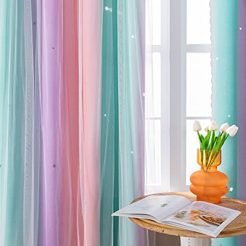 XiDi Curtains for Bedroom Decor, Rainbow Pink Purple Green 34/54/1