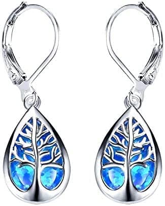 925 Sterling Silver Jewelry Exquisite Water Drop Blue White Fire Opal Life Tree Dangle Earrings For Women