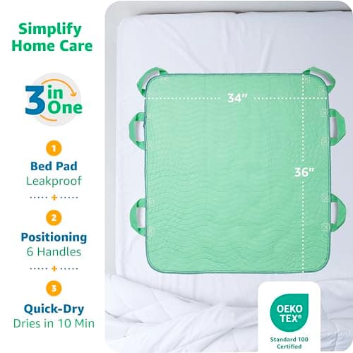 Improvia Positioning Bed Pad with Handles – Quick-Drying, 6-Handle Incontinence Bed Pads – Washable, Waterproof, Reusable Pads for Elderly, Bedridden, Transferring, & Mattress Protection, 34x36 in.