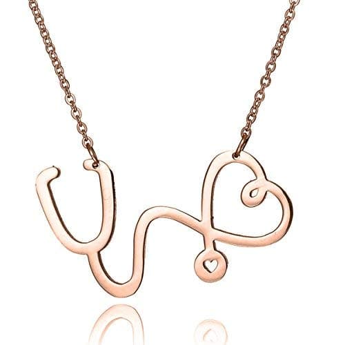 Jeanish Nursing Themed Jewelry Necklace - Rose Gold Stethoscope Necklace Love Heart Necklace 2017 New JEW170807 Rose Gold
