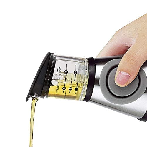 Press and Measure Olive Oil Glass Bottle (Bonus-Gift-Herb-Bag-Included) - Salad Dressing Dispenser Infuser - Vinegar Pourer 10 oz (Pearl Color)