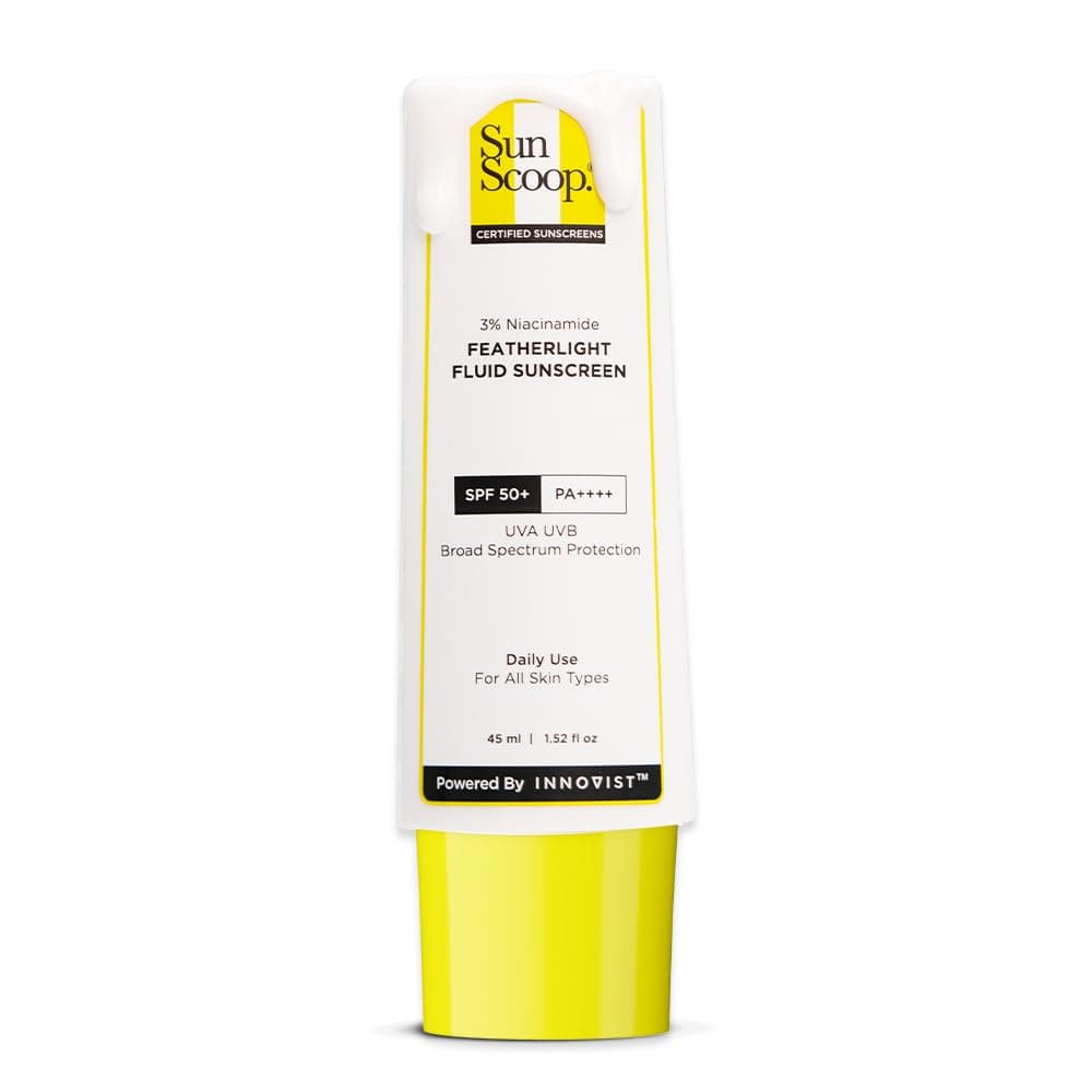 SunScoop 3% Niacinamide Fluid Sunscreen SPF 50+ PA++++ Broad Spectrum | In-Vivo Tested | Lightweight & Non greasy | Prevents Tanning | No White Cast | Non-Comedogenic | For All Skin Types (45ml)
