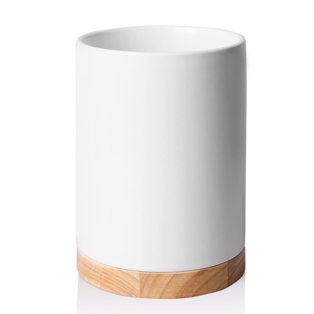 Kitchen Utensil Holder with Wooden Bottom, 6.7" Ceramic Utensil Crock to Hold Spatulas for Cooking Countertop, Housewarming, Wedding, Birthday Gift (White)