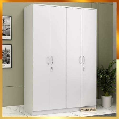 Wooden Street Kayden Engineered Wood 4 Door Wardrobe for Clothes, Cupboard Wooden Almirah for Bedroom, Multi Utility Wardrobe with Hanger Rod Lock and Handles, 1 Year Warranty,Frosty White Finish