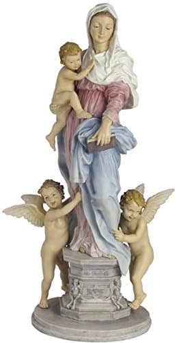 Religious Gifts Madonna Delle Arpie Virgin Mary with Child Pedestal Cherub Angels 14 Inch Stone Resin Statue