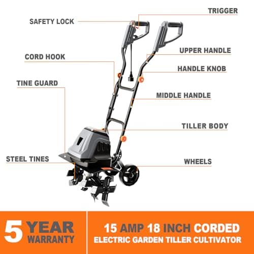 15 Amp Electric Tiller Cultivator for Gardening, 18-Inch Width 9-Inch Depth Corded Powerful Roto Tiller w/24 Steel Tines, Foldable Handle, Adjustable Wheels, Safety Switch for Garden Lawn Yard