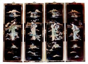 Oriental Black Lacquer Wood Wall Panels, Four Chinese Ladies - Hand Painted, Soapstone