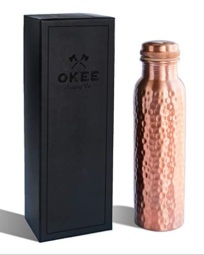 Okee Supply Co Leak Proof Ayurvedic Copper Water Bottle, 30 Ounce Hammered Pure Copper Water Bottle