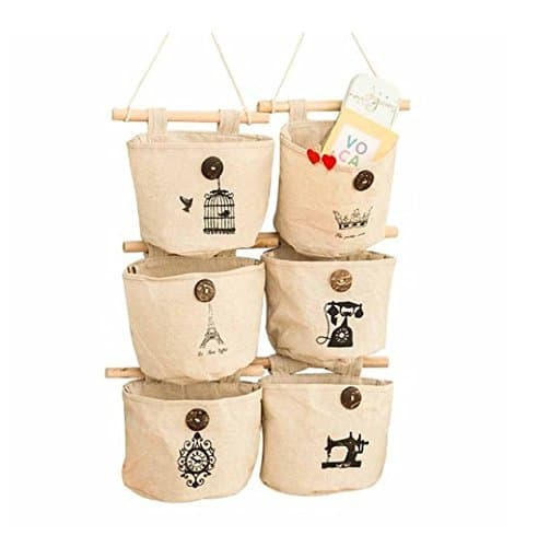 Pishmount Fabric Wall Door Closet Hanging Storage Bag Small Cotton Hanging Pockets Set of 3