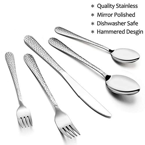 Silverware Set for 12, E-far 60-Piece Hammered Flatware Cutlery Set, Stainless Steel Eating Utensils for Kitchen Hotel Restaurant Party, Modern Design & Mirror Finished - Dishwasher Safe