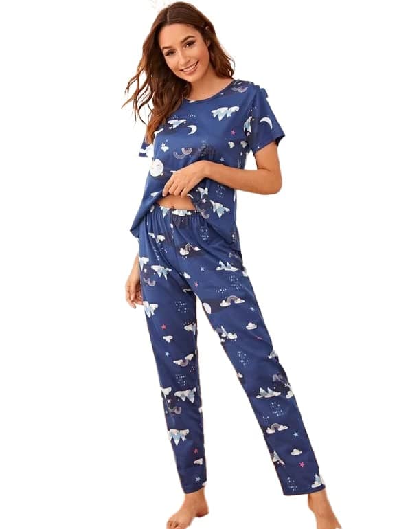 SMOWKLY Women's Short Sleeve Round Neck Cartoon Print Pajamas Set