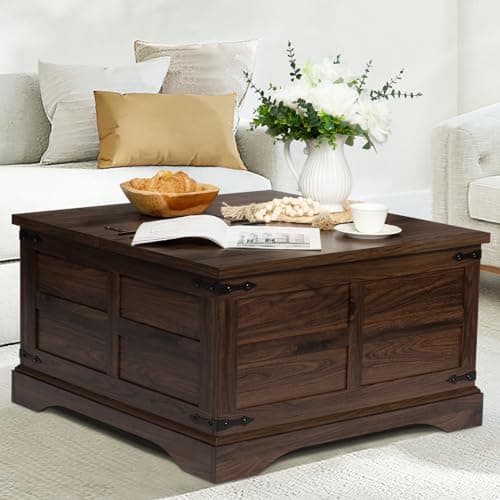 Wnutrees Farmhouse Coffee Table with Hinged Lift Top and Large Hidden Storage Compartment, Rustic Square Wood Central Table for Living Room, Bedroom, Home Office,Walnut