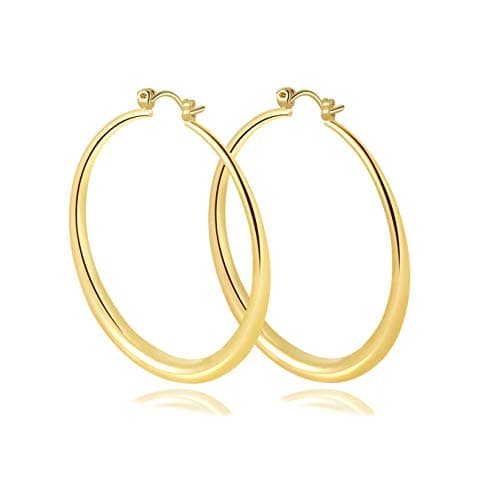 Yumay 14K Yellow Ladies Hoop Earrings,50MM Round Gold Earrings for Women.