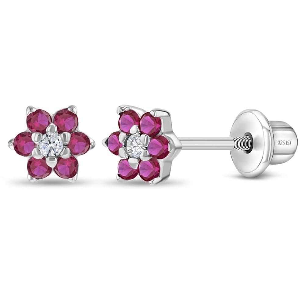 925 Sterling Silver Kids Earrings with 5mm Flower & Screw Backs for Young Girls - Dainty CZ Flower Screw Backs for Toddlers and Little Girls - Cubic Zirconia Floral Studs for Children