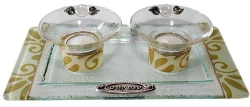 Lily Art Glass Appliquéd Pearl/Gold Tea Light Candle Holders And Tray