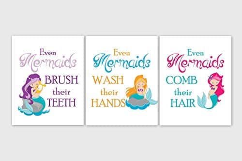 Mermaid Bathroom Decor, Mermaid Bathroom Wall Art - Set of 3 Unframed Prints